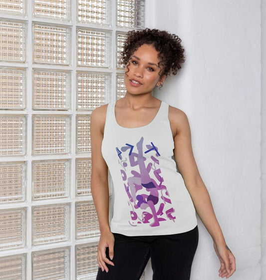 White tank top with abstract purple design (person)