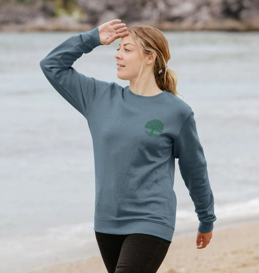 Blue sweatshirt with tree logo (person)