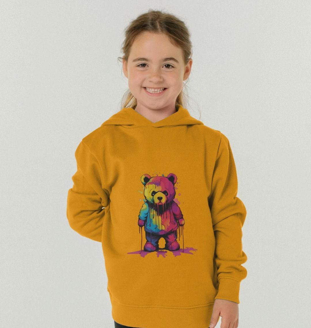Yellow hoodie with colorful bear graphic (person)