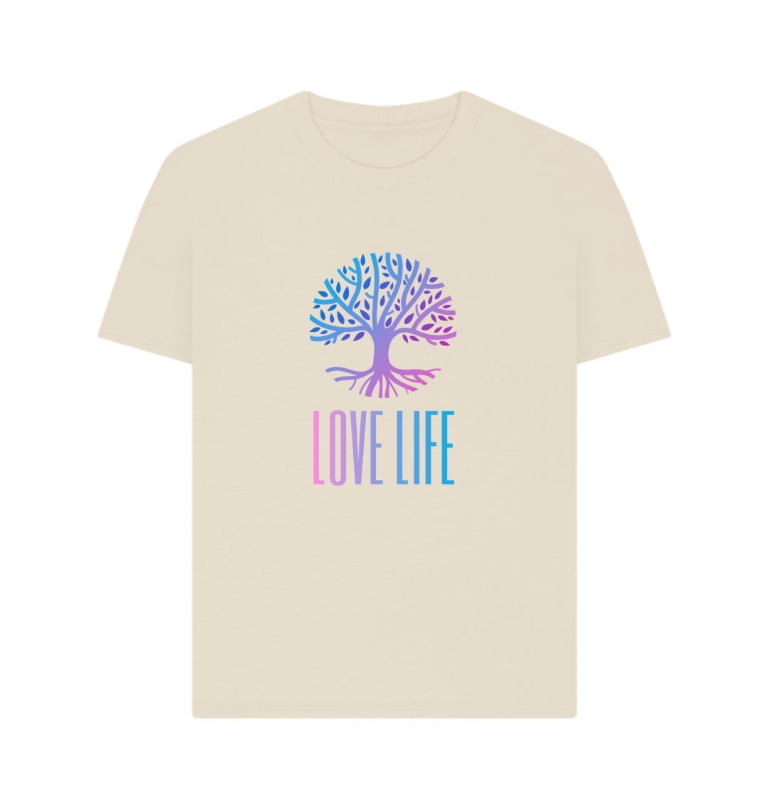 Cream-colored t-shirt with colorful tree and "LOVE LIFE" text