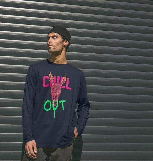 Navy long-sleeve t-shirt with "CHILL OUT" graphic (person)