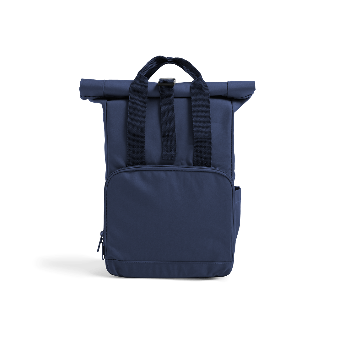 Navy blue backpack with roll-top closure