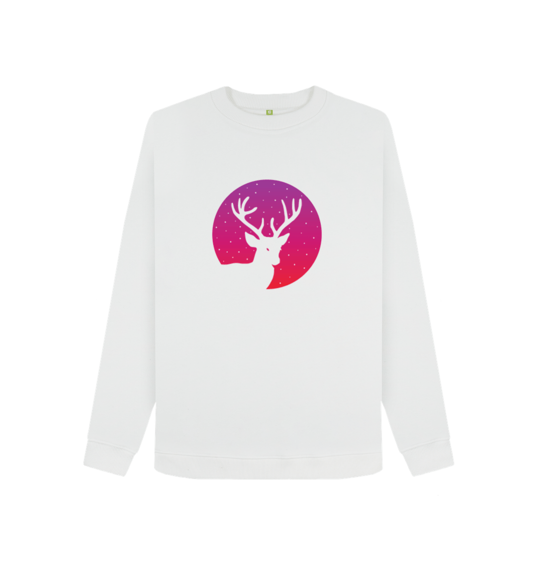 White long-sleeved sweatshirt with deer graphic