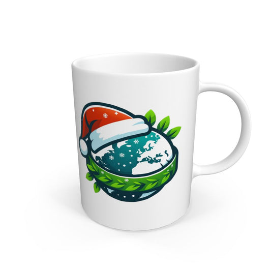 White ceramic mug with Christmas Earth design