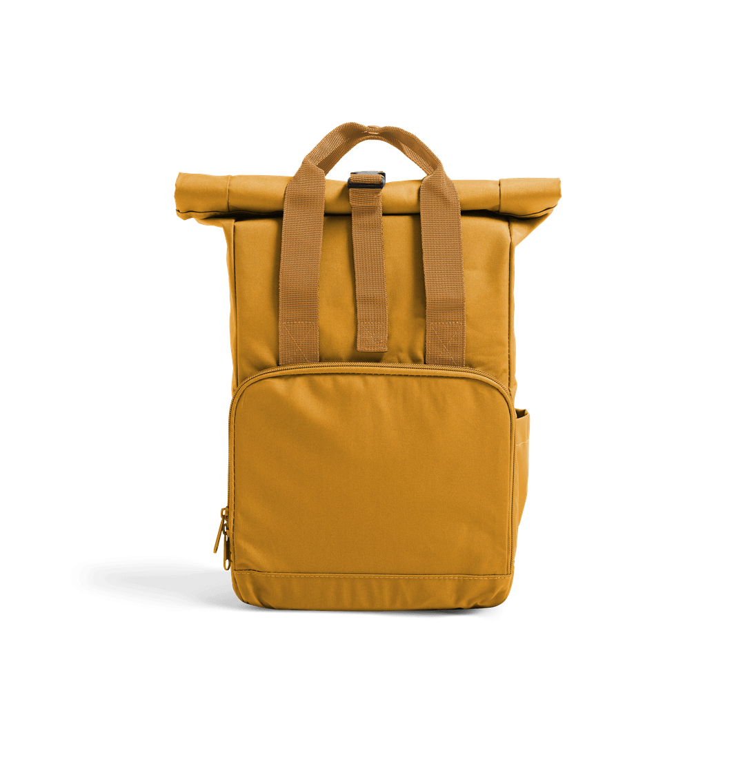 Mustard yellow backpack with roll-top closure