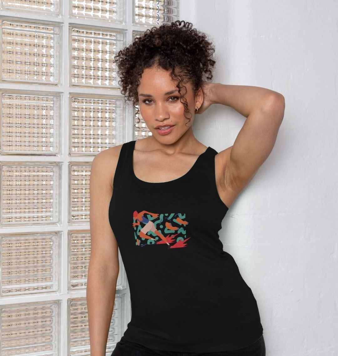 Black tank top with colorful abstract design (person)