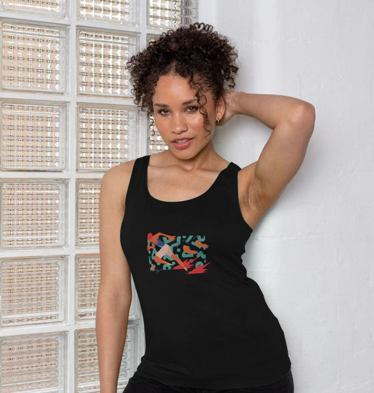 Black tank top with colorful abstract design (person)