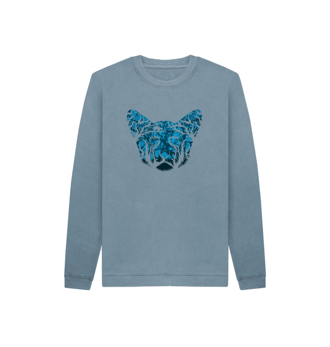 Blue sweatshirt with tree branch wolf design