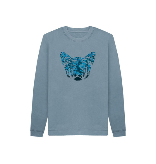 Blue sweatshirt with tree branch wolf design