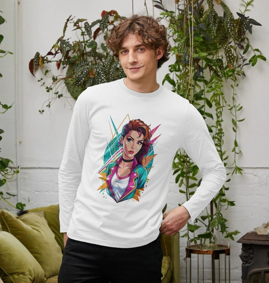 White long-sleeve t-shirt with colorful graphic (person)