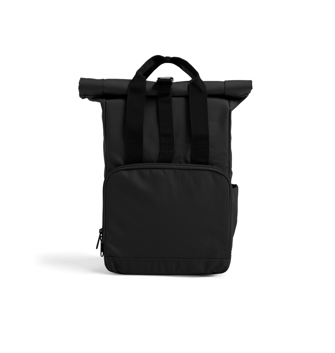 Black roll-top backpack with adjustable straps
