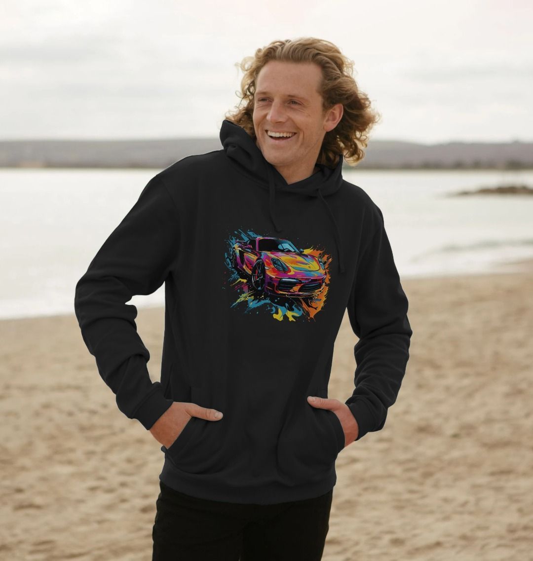 Black hoodie with colorful car graphic (person)