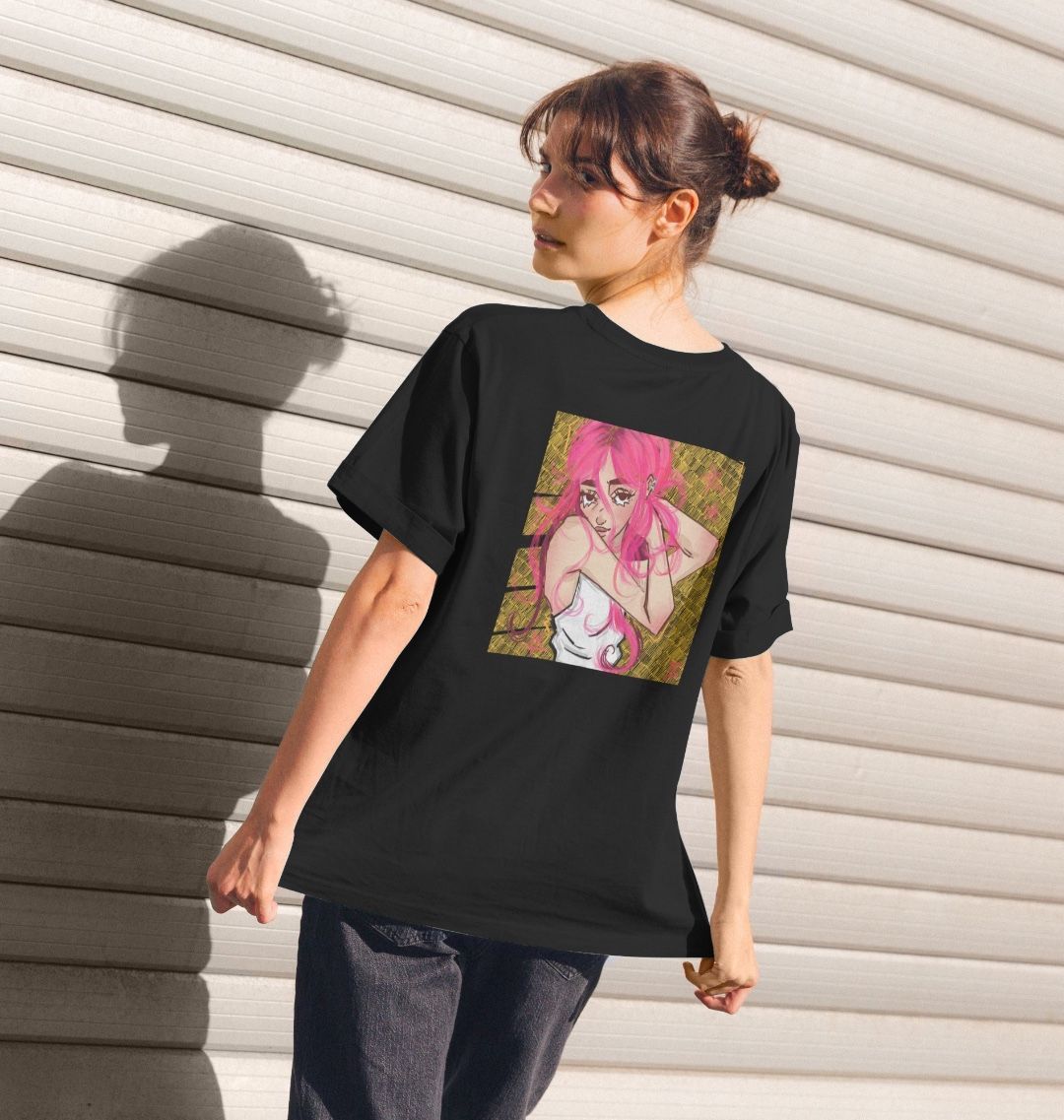Black t-shirt with anime-style graphic (person)