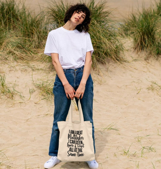 Natural canvas tote bag with text (person)