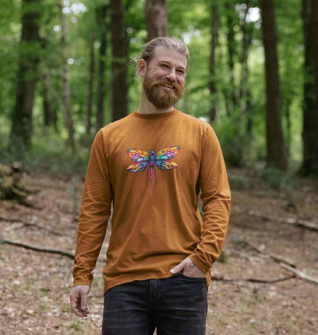 Long-sleeved t-shirt with colorful butterfly design (person)