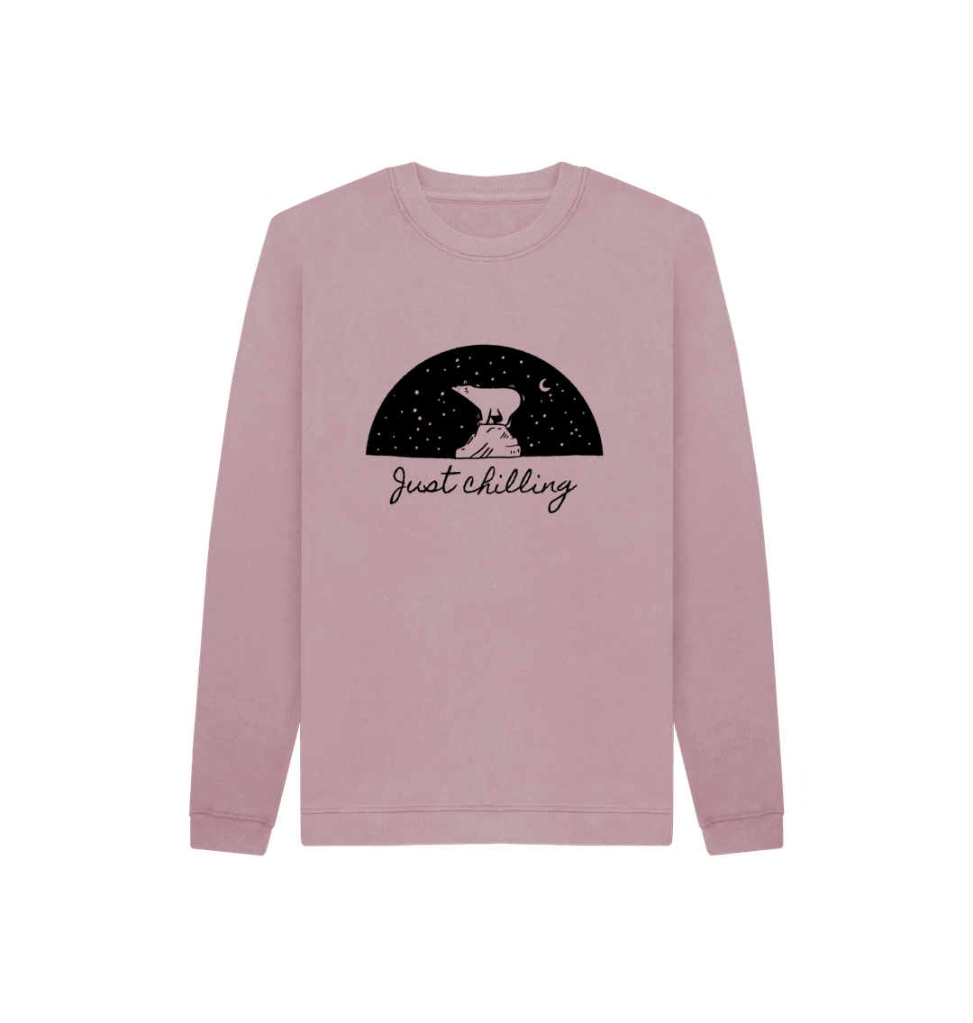 Pink sweatshirt with "Just Chilling" text and bear illustration