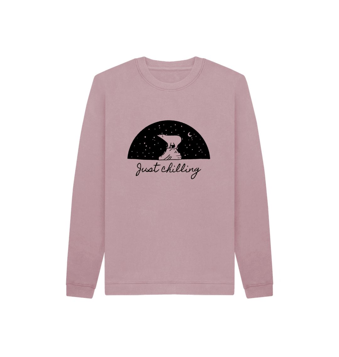 Pink sweatshirt with "Just Chilling" text and bear illustration