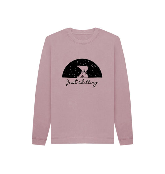Pink sweatshirt with "Just Chilling" text and bear illustration