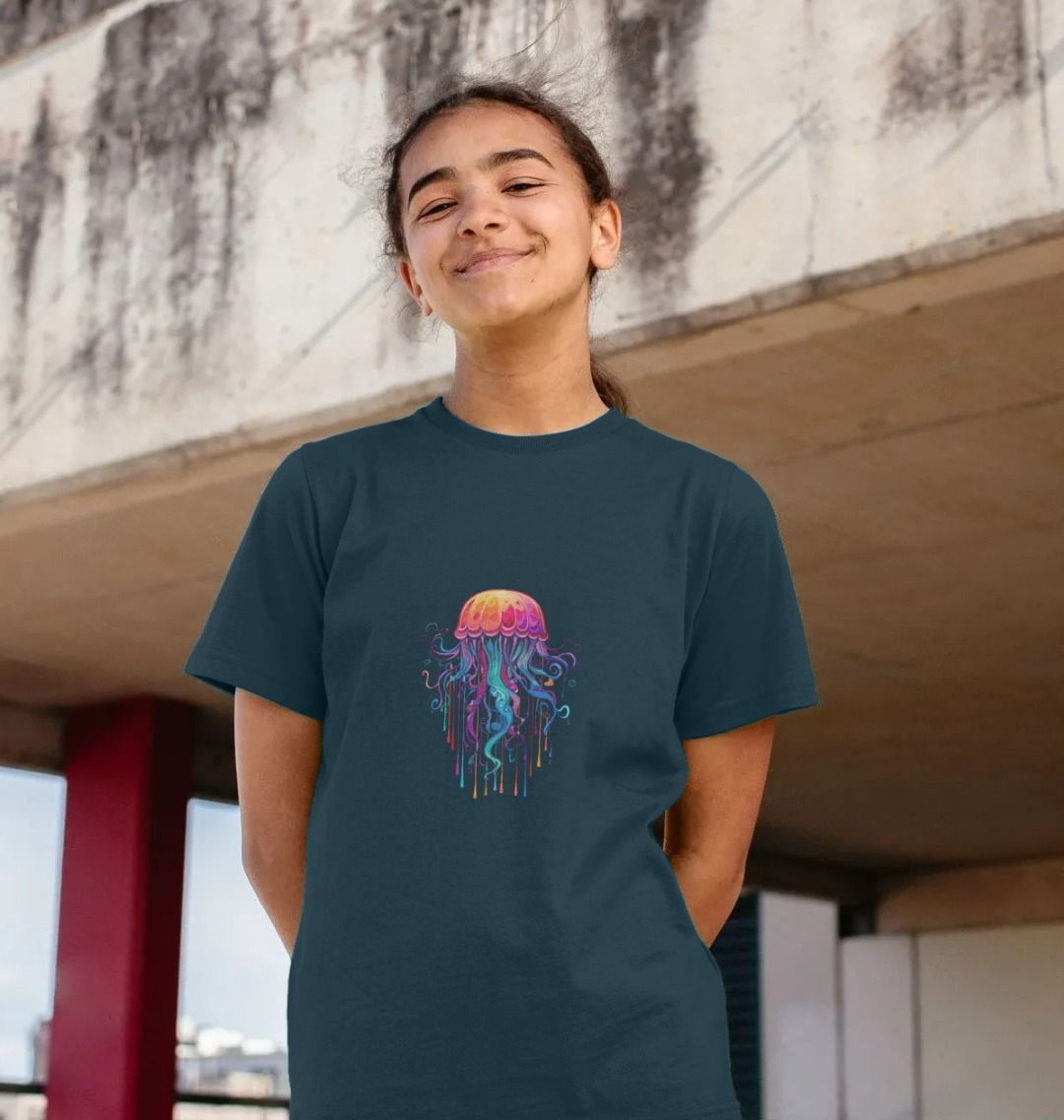 Dark blue t-shirt with jellyfish graphic (person)