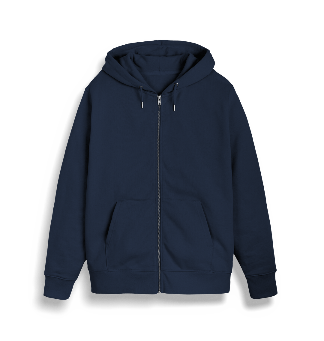 Navy blue hoodie with black trim