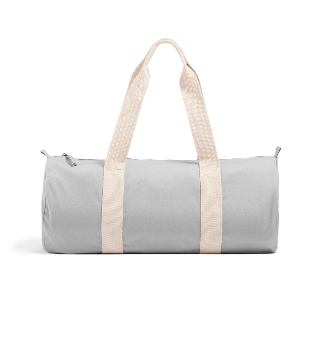 Gray cylindrical duffel bag with white handles