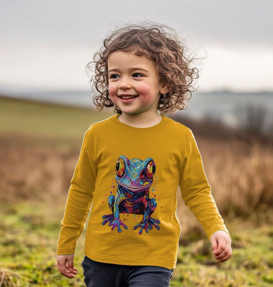 Toddler's long-sleeve t-shirt with colorful frog design (person)