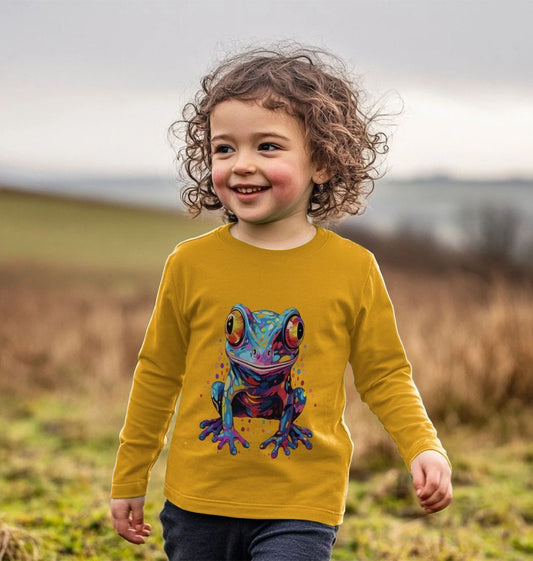 Toddler's long-sleeve t-shirt with colorful frog design (person)