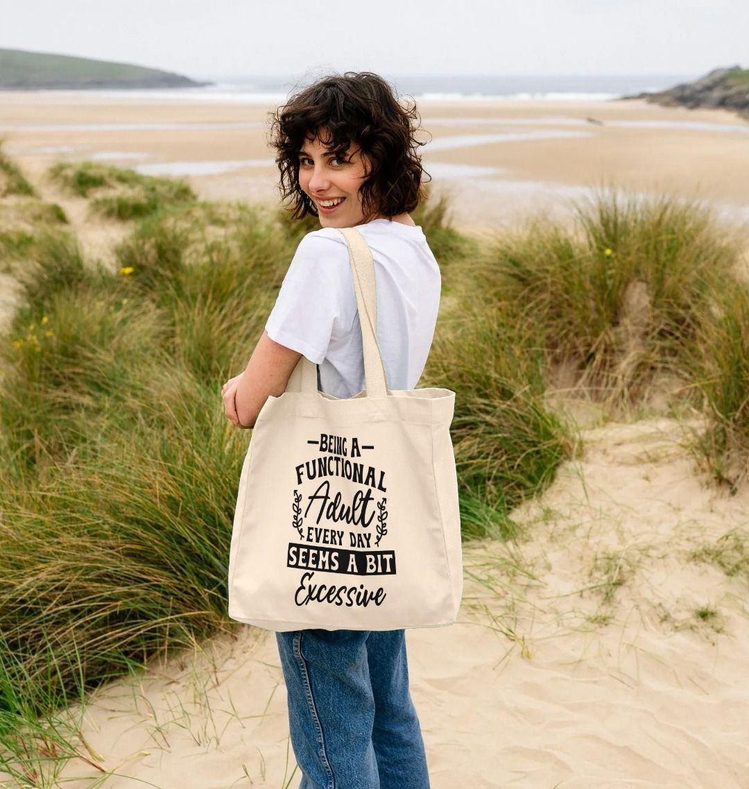 Natural canvas tote bag with text design (person)