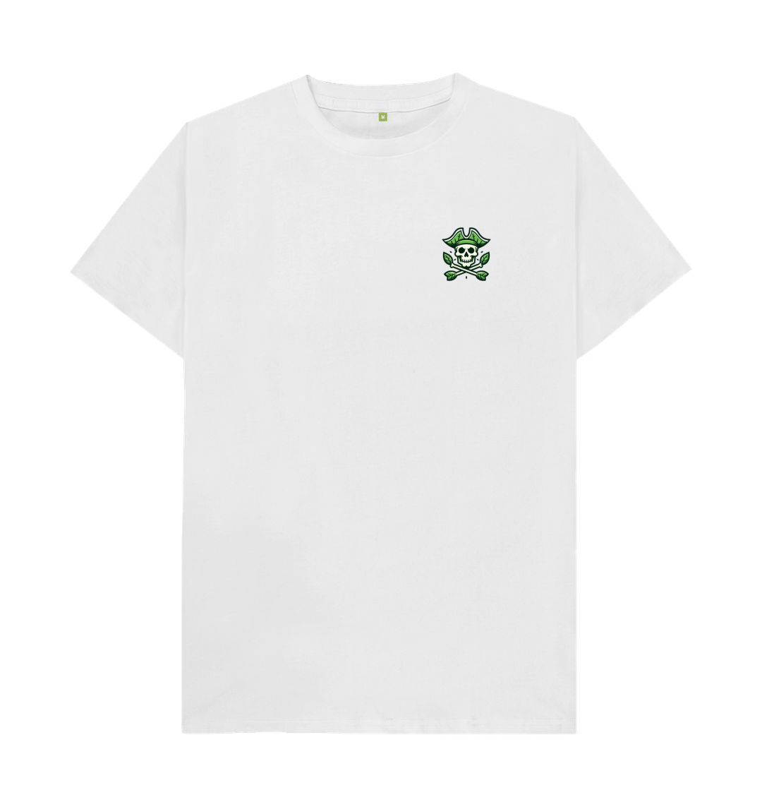 White t-shirt with green pirate skull logo