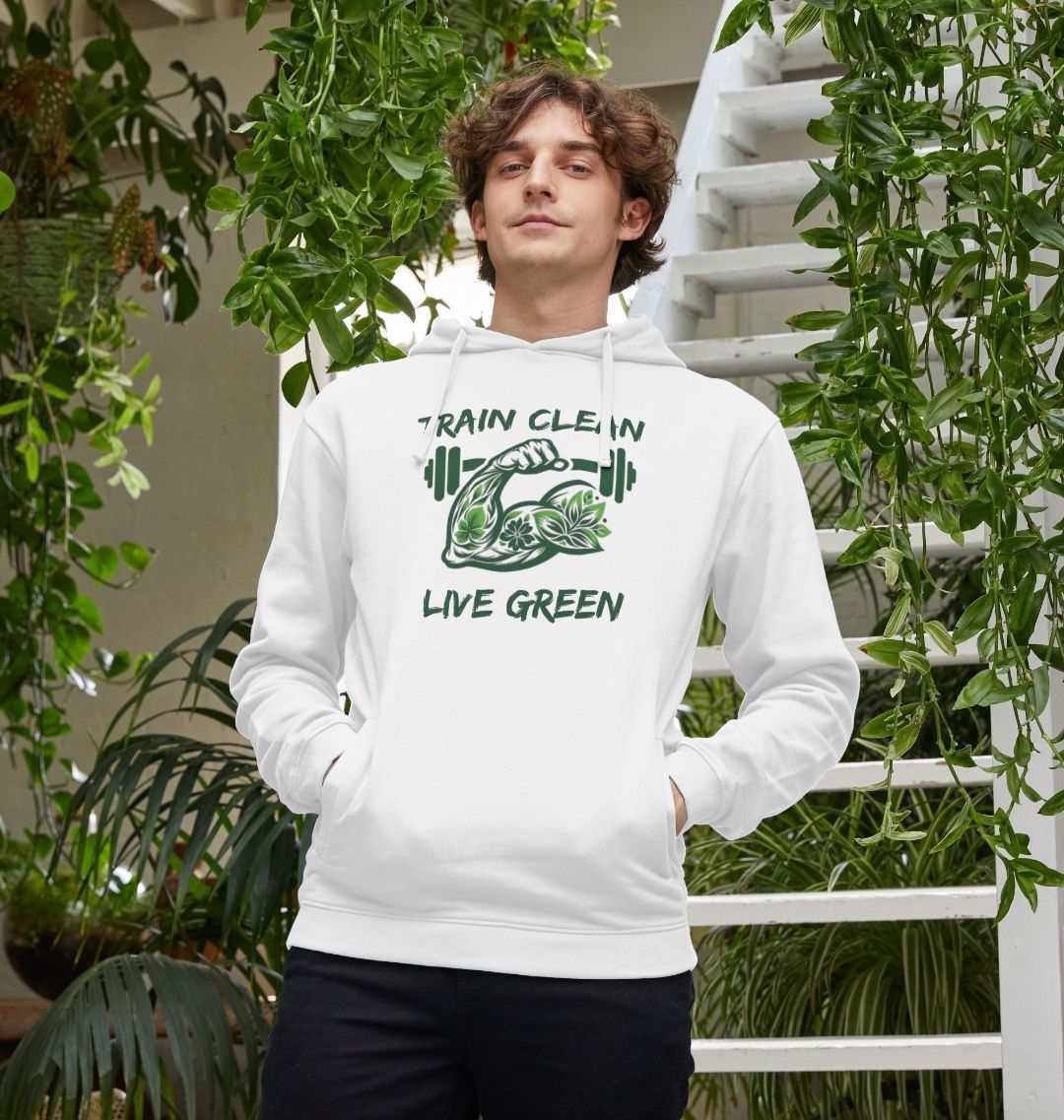 White hoodie with "Train Clean Live Green" design (person)