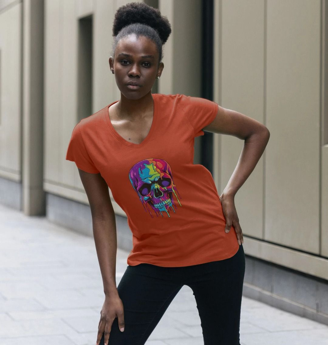 Orange t-shirt with colorful skull design (person)