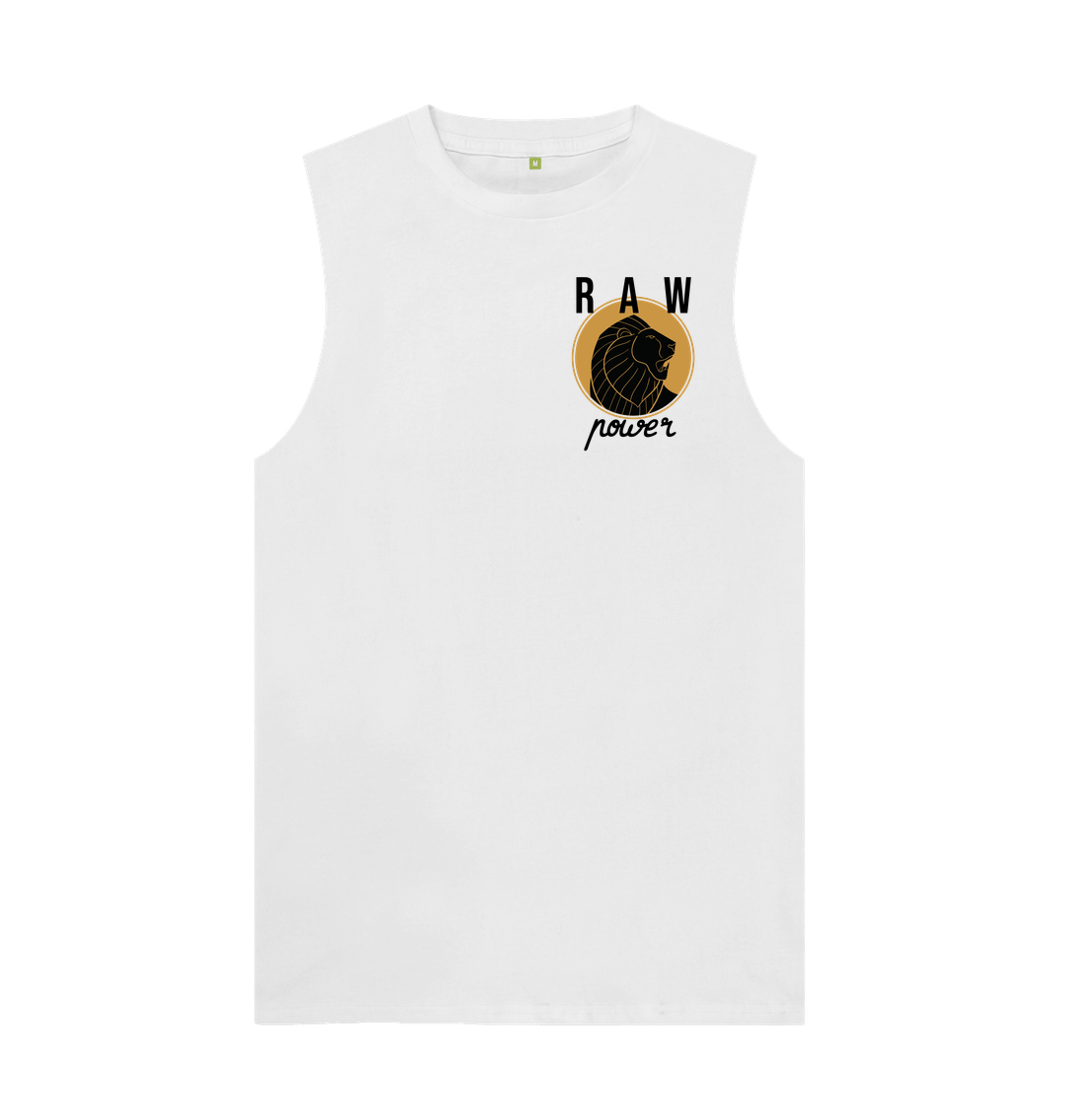 White sleeveless t-shirt with "RAW power" logo