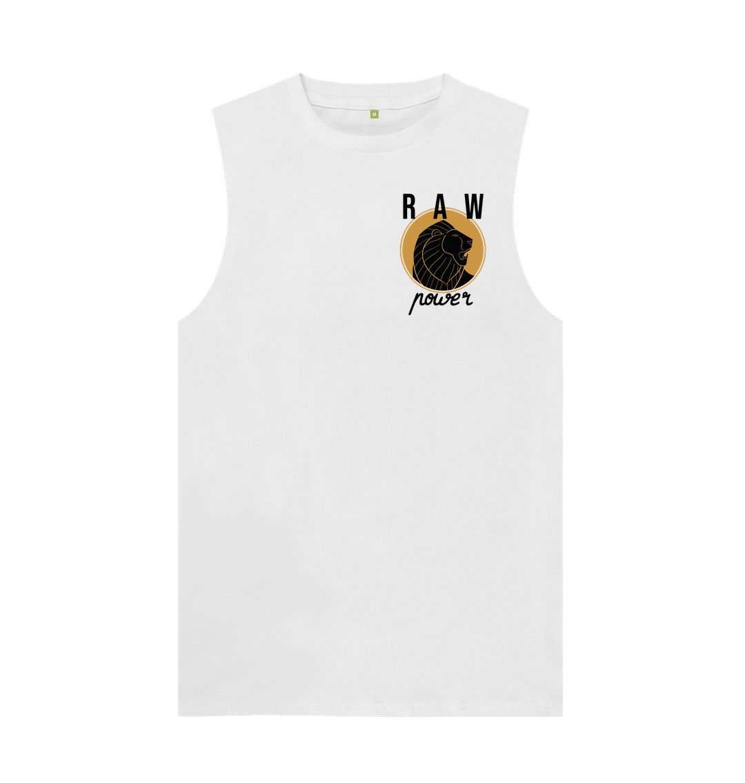 White sleeveless t-shirt with "RAW power" and lion logo