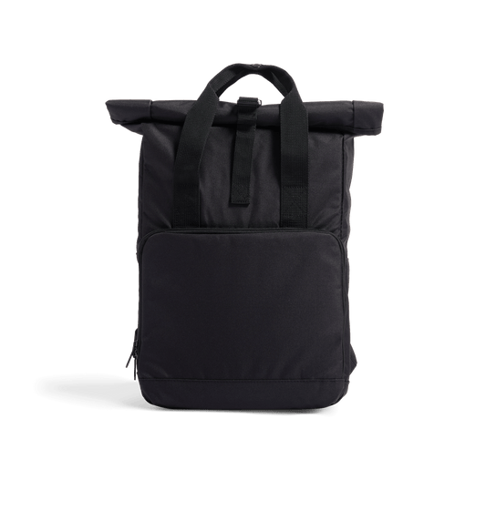 Black roll-top backpack with adjustable straps