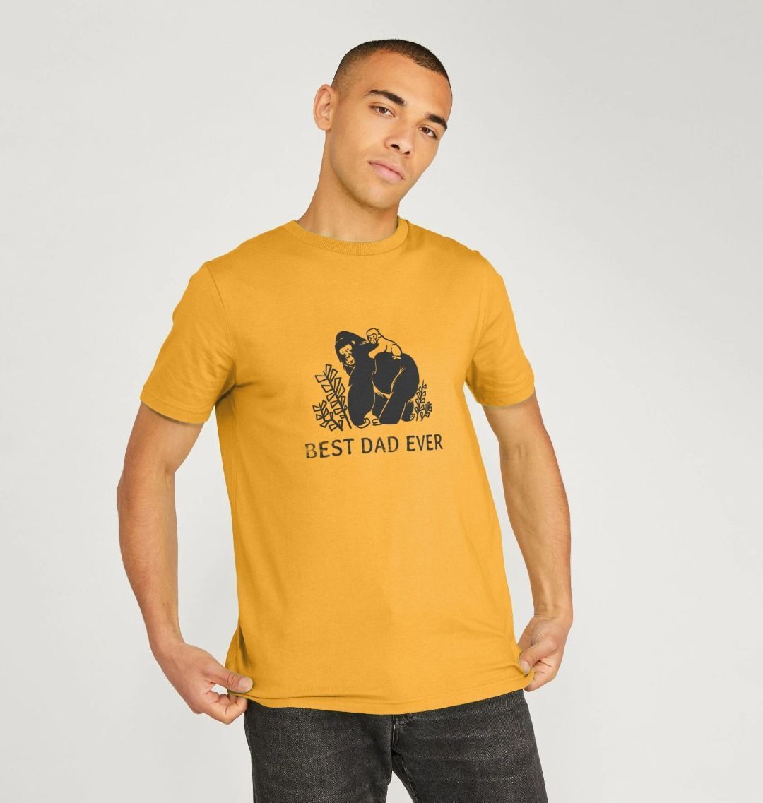 Yellow t-shirt with "Best Dad Ever" text and bear graphic (person)