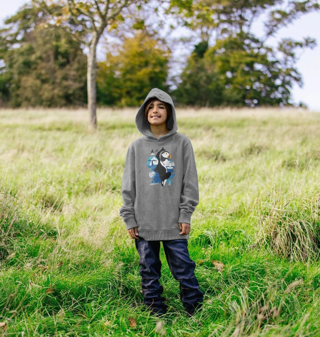 Gray hoodie with puffin design (person)