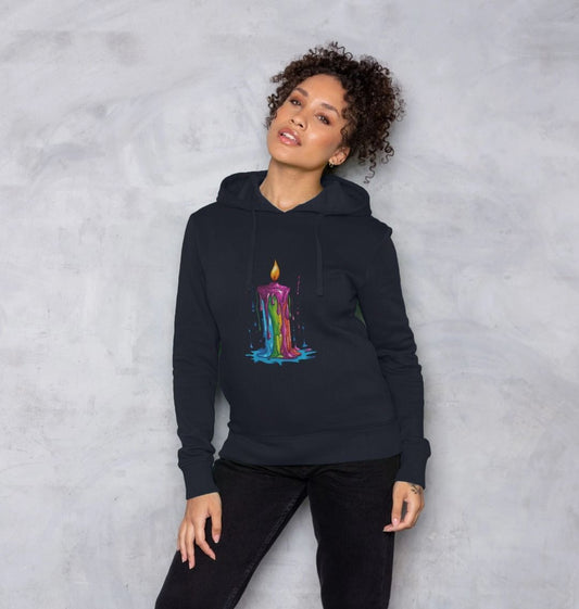 Black hoodie with colorful candle graphic (person)