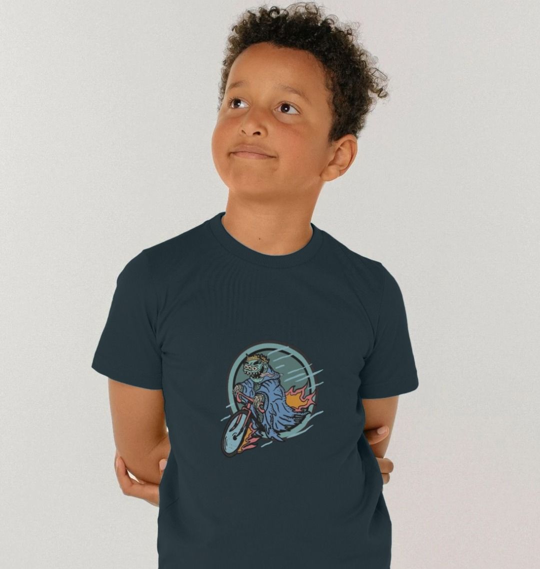 Dark blue t-shirt with zombie riding a bike graphic (person)