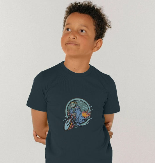 Dark blue t-shirt with zombie riding a bike graphic (person)