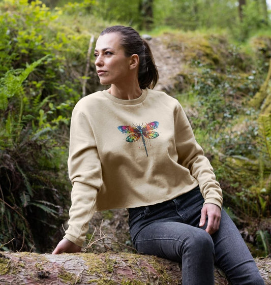 Beige sweatshirt with colorful dragonfly design (person)