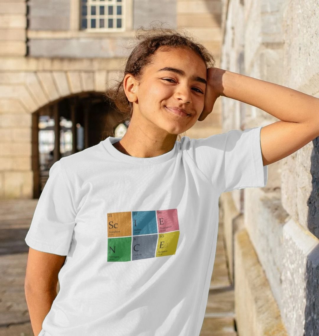 White t-shirt with periodic table elements (person)