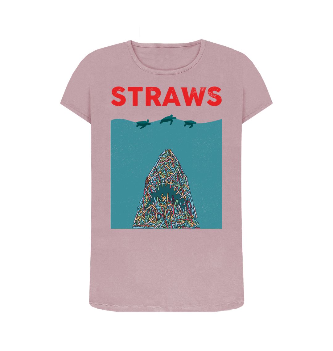 Pink t-shirt with "STRAWS" and straws illustration