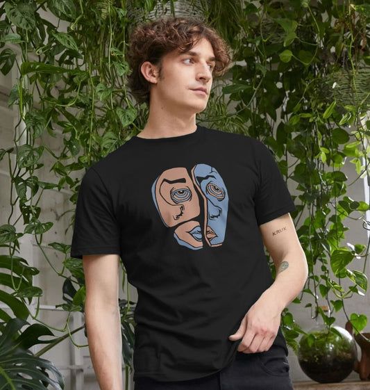 Black t-shirt with abstract face design (person)