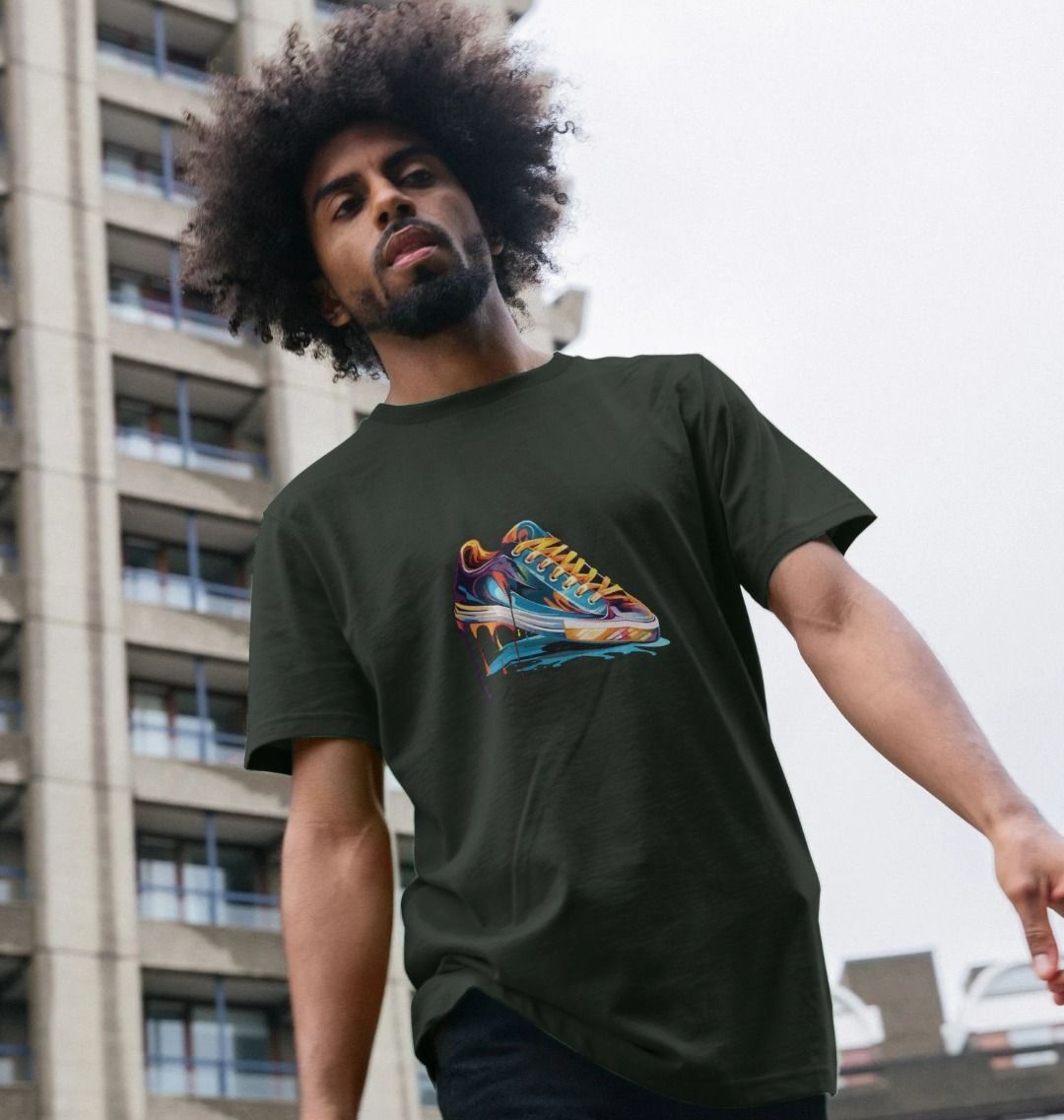 Olive green t-shirt with colorful shoe graphic (person)