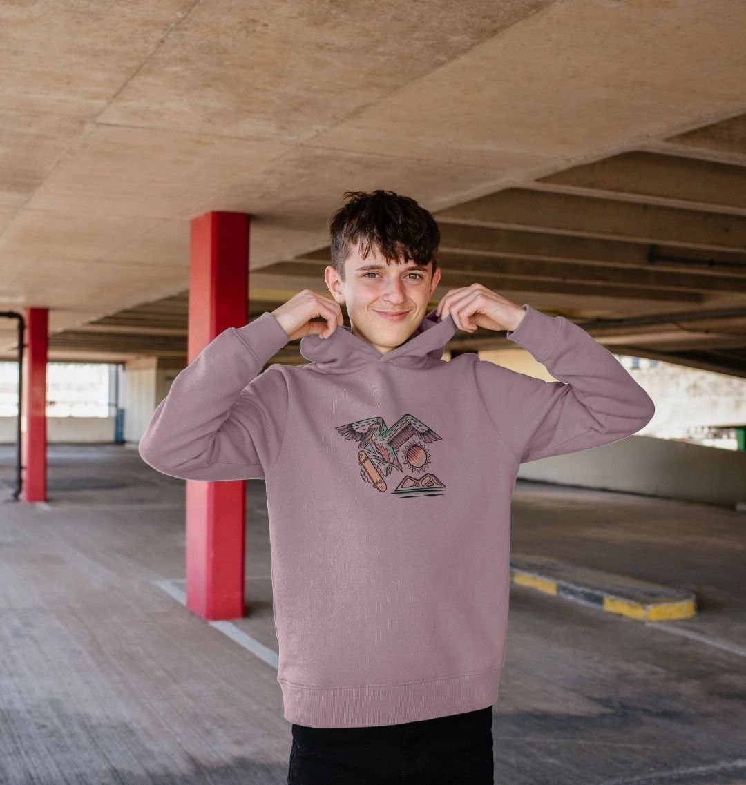 Purple hoodie with graphic design (person)