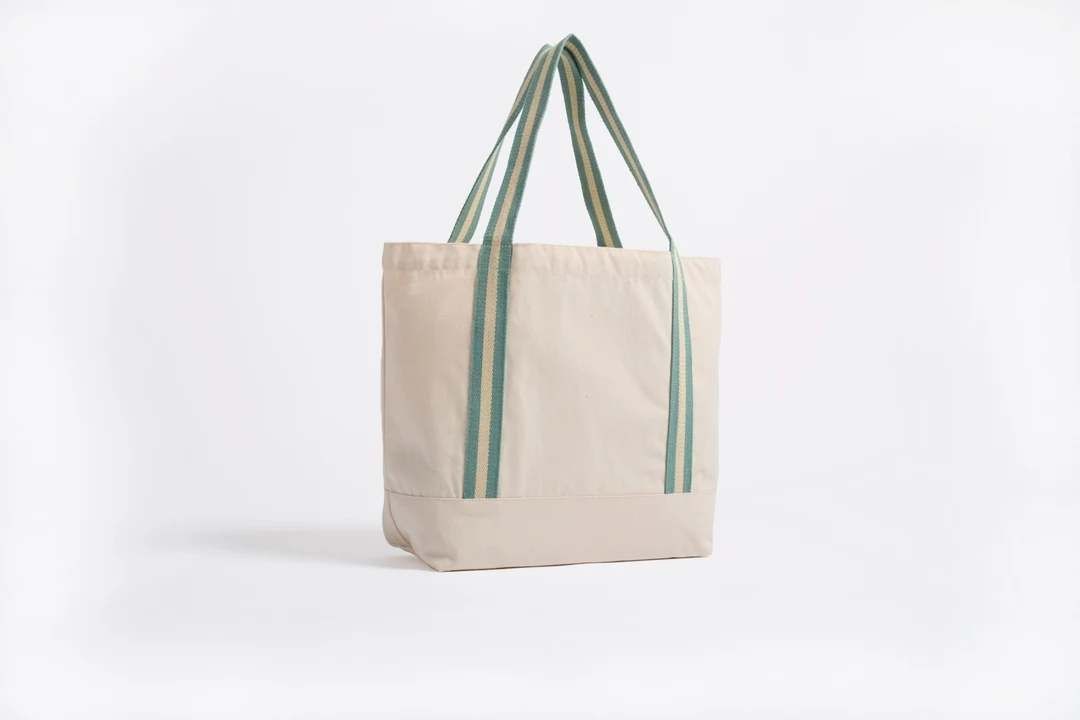 Canvas tote bag with green and yellow stripes
