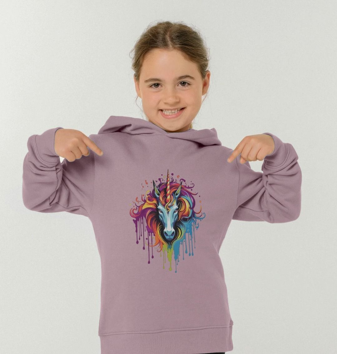 Purple hoodie with unicorn graphic (person)