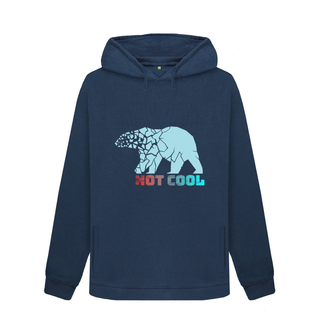 Navy blue hoodie with bear graphic and text