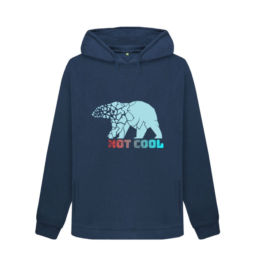 Navy blue hoodie with bear graphic and text