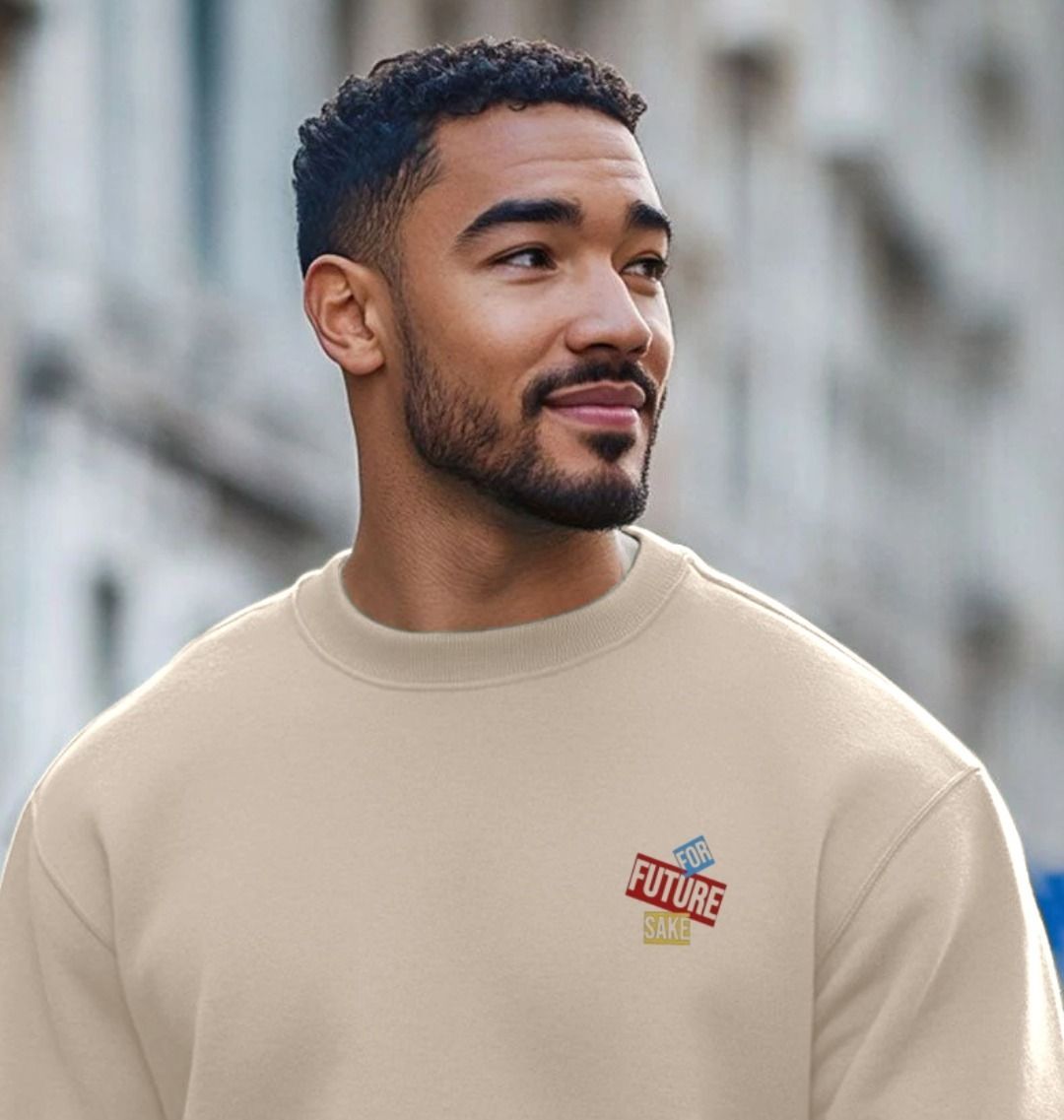 Beige sweatshirt with "FUTURE FOR SAKE" logo (person)